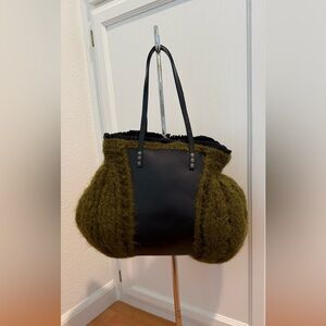 Olive Knit Panel & Black Leather Tote with Long Straps